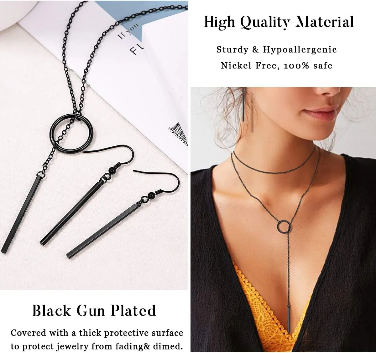 FOCALOOK Long Necklaces for Women 14K Gold Plated Dainty Drop Bar Pendant Lariat Y-Shaped Necklace Earring Set 28inch/73cm