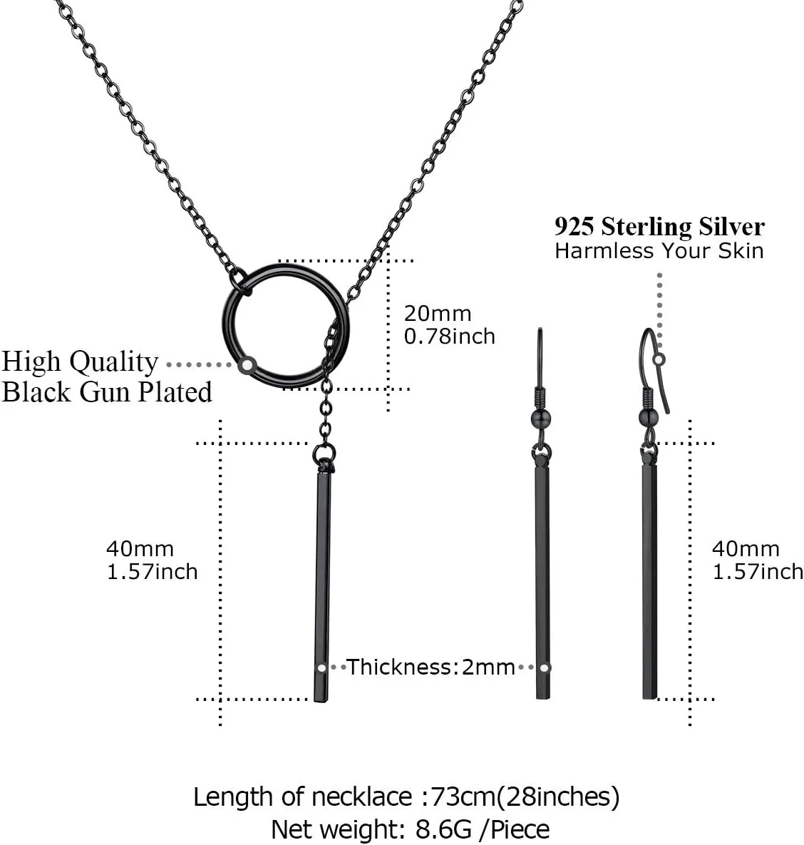 FOCALOOK Long Necklaces for Women 14K Gold Plated Dainty Drop Bar Pendant Lariat Y-Shaped Necklace Earring Set 28inch/73cm