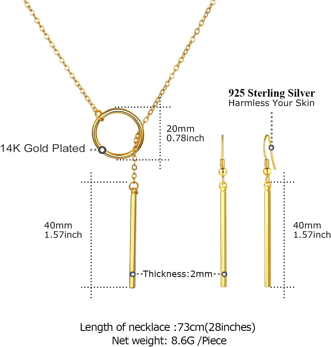 FOCALOOK Long Necklaces for Women 14K Gold Plated Dainty Drop Bar Pendant Lariat Y-Shaped Necklace Earring Set 28inch/73cm