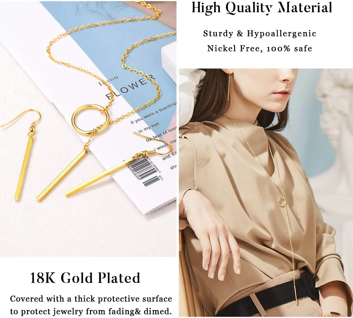 FOCALOOK Long Necklaces for Women 14K Gold Plated Dainty Drop Bar Pendant Lariat Y-Shaped Necklace Earring Set 28inch/73cm