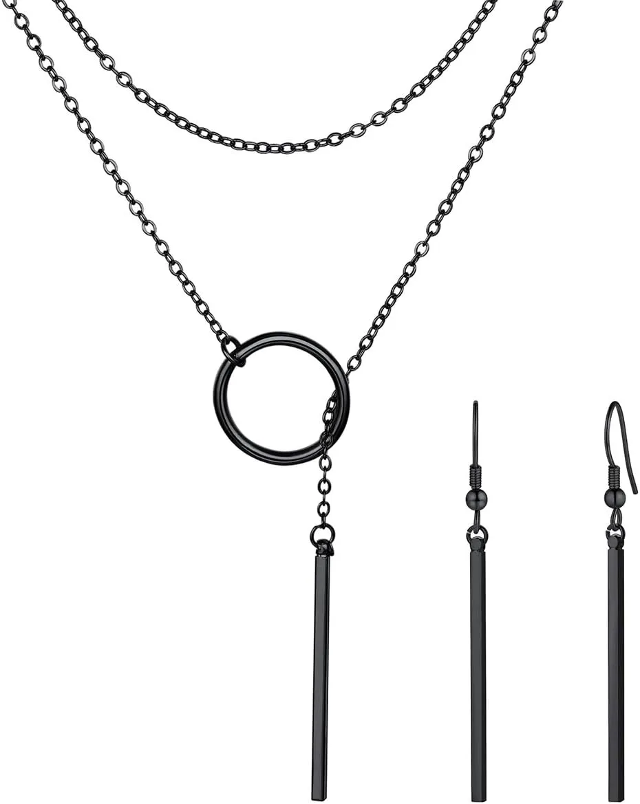 FOCALOOK Long Necklaces for Women 14K Gold Plated Dainty Drop Bar Pendant Lariat Y-Shaped Necklace Earring Set 28inch/73cm