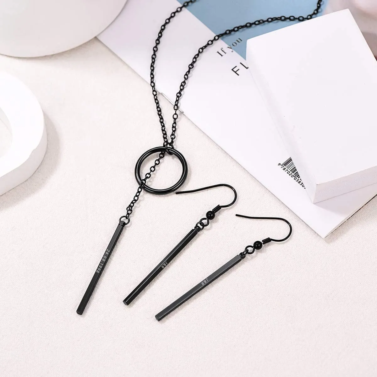 FOCALOOK Long Necklaces for Women 14K Gold Plated Dainty Drop Bar Pendant Lariat Y-Shaped Necklace Earring Set 28inch/73cm