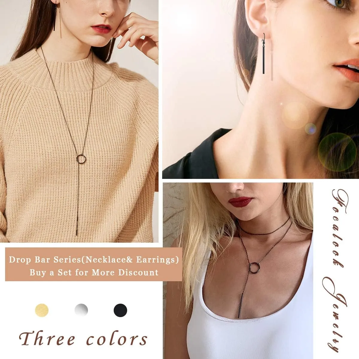 FOCALOOK Long Necklaces for Women 14K Gold Plated Dainty Drop Bar Pendant Lariat Y-Shaped Necklace Earring Set 28inch/73cm