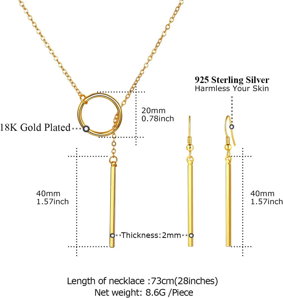 FOCALOOK Long Necklaces for Women 14K Gold Plated Dainty Drop Bar Pendant Lariat Y-Shaped Necklace Earring Set 28inch/73cm