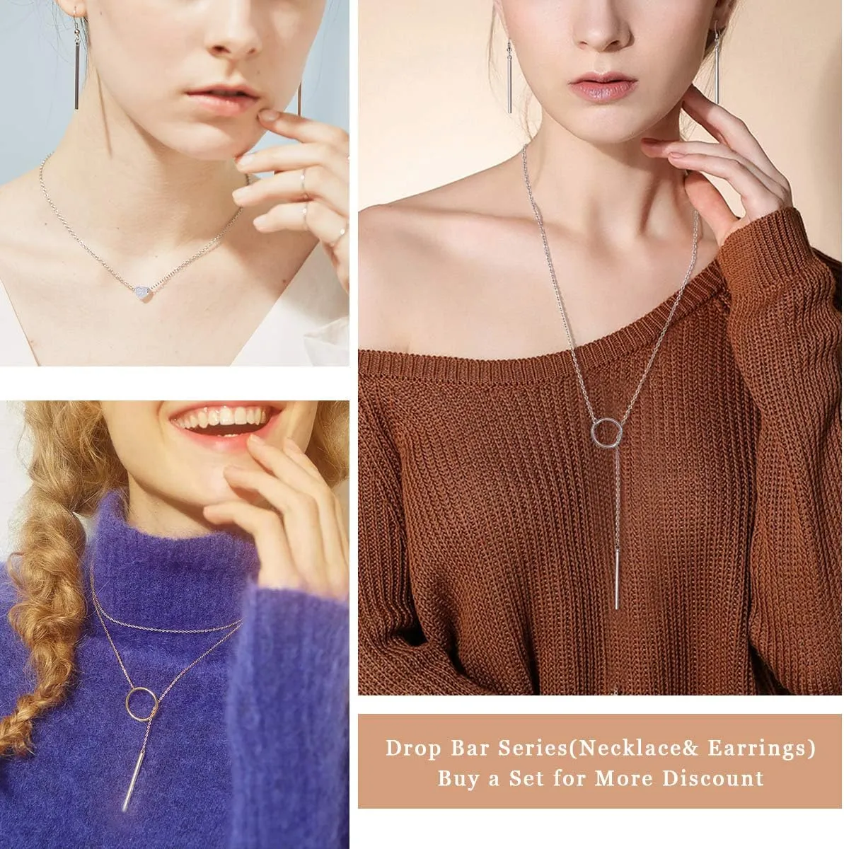 FOCALOOK Long Necklaces for Women 14K Gold Plated Dainty Drop Bar Pendant Lariat Y-Shaped Necklace Earring Set 28inch/73cm