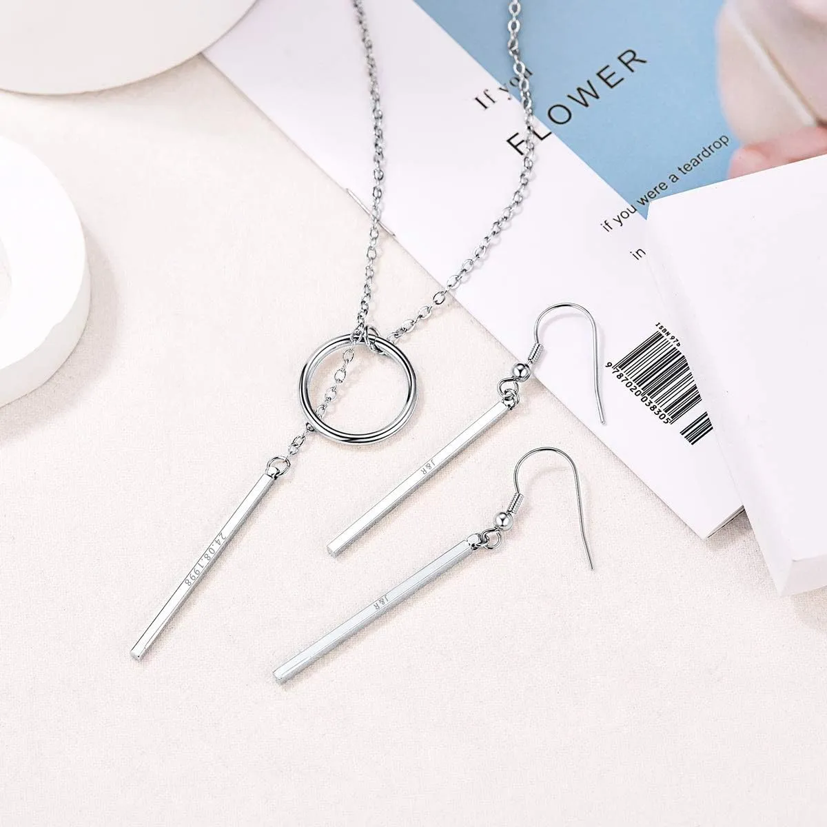 FOCALOOK Long Necklaces for Women 14K Gold Plated Dainty Drop Bar Pendant Lariat Y-Shaped Necklace Earring Set 28inch/73cm