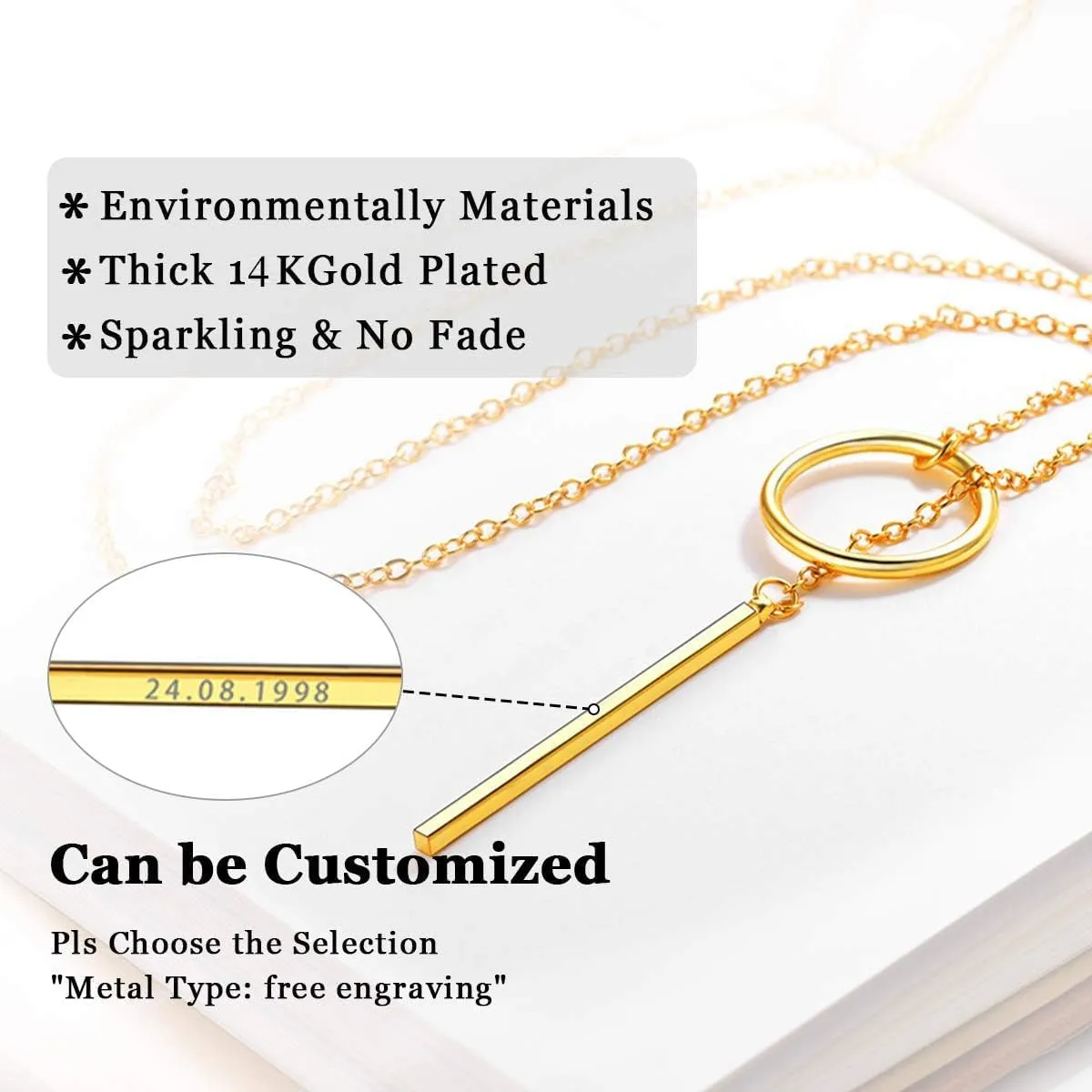 FOCALOOK Long Necklaces for Women 14K Gold Plated Dainty Drop Bar Pendant Lariat Y-Shaped Necklace Earring Set 28inch/73cm