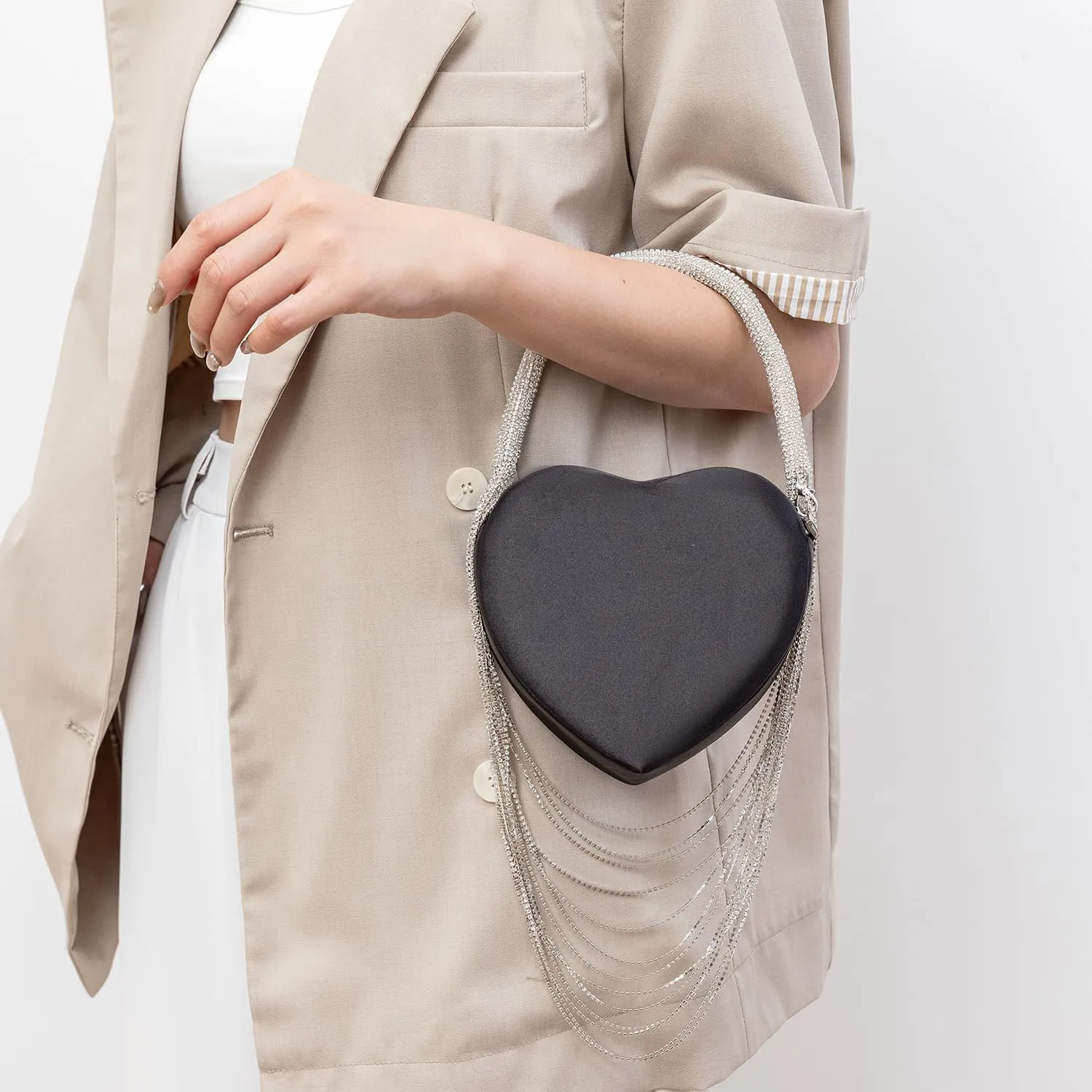 Formal Rhinestones Heart Shape Clutch for Women With Sparkling Fringed, Women Cocktail Purse Wedding Clutch