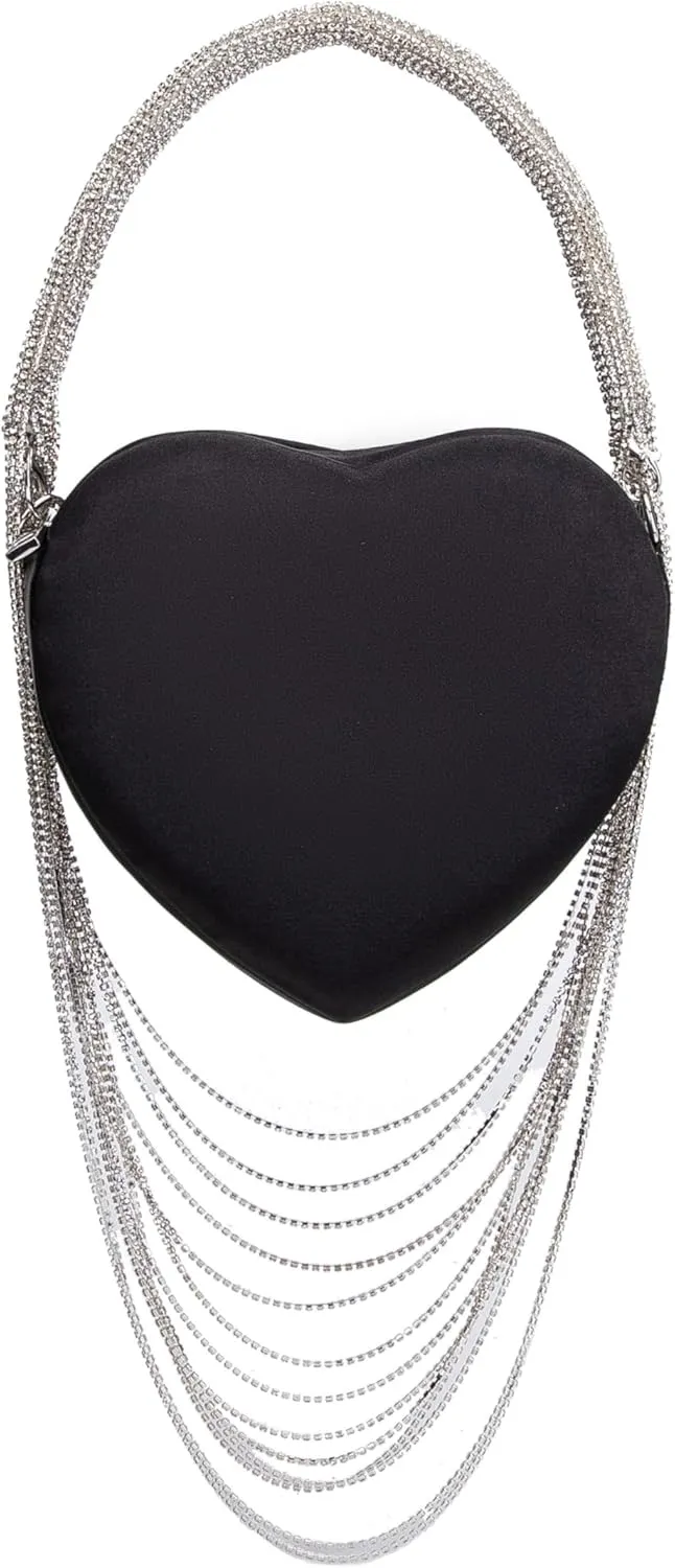 Formal Rhinestones Heart Shape Clutch for Women With Sparkling Fringed, Women Cocktail Purse Wedding Clutch