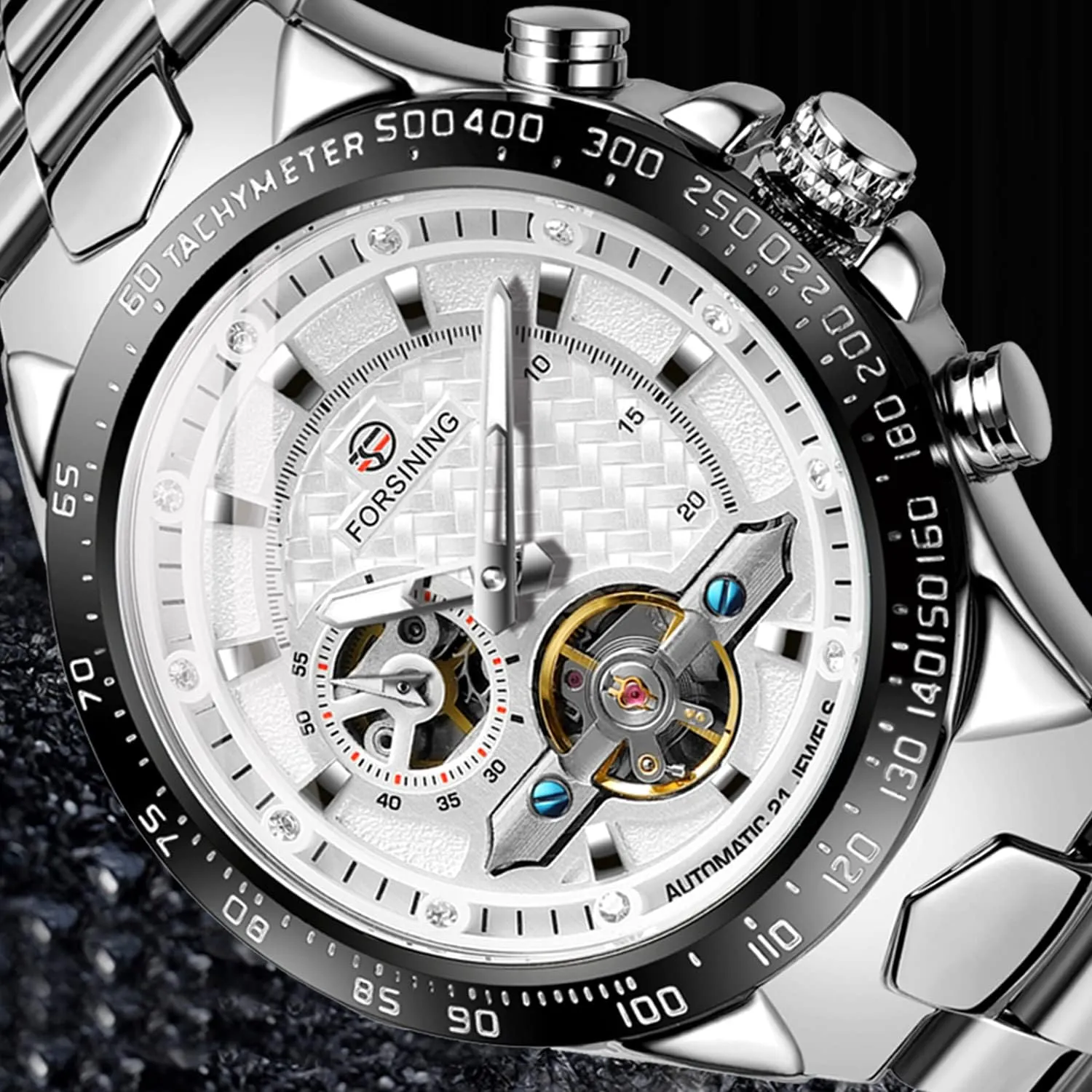 FORSINING Mens Tourbillon Self-Wind Mechanical Independent Seconds Dial Automatic Luxury Stainless Steel Large Dial Wrist Watch