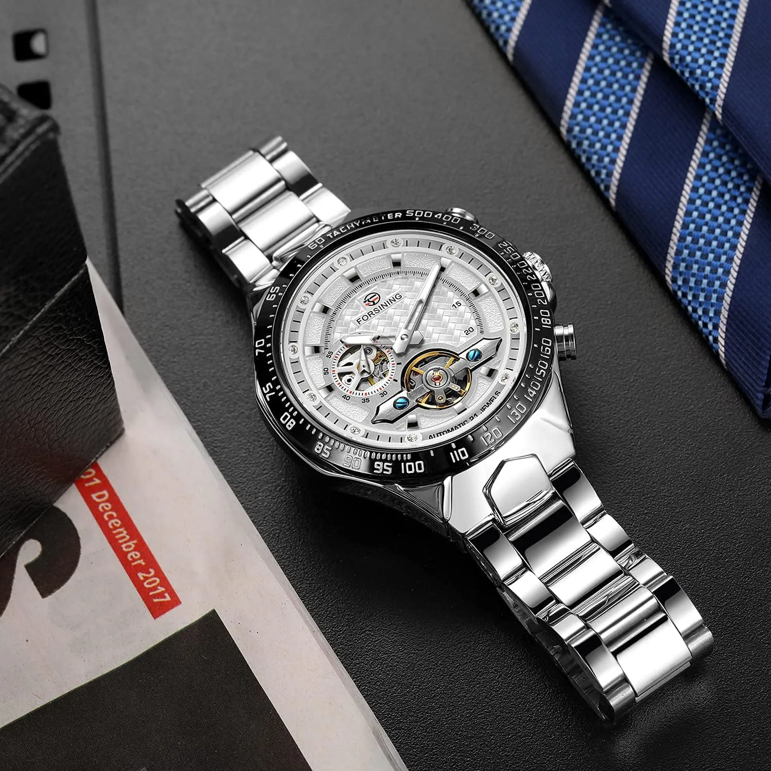 FORSINING Mens Tourbillon Self-Wind Mechanical Independent Seconds Dial Automatic Luxury Stainless Steel Large Dial Wrist Watch