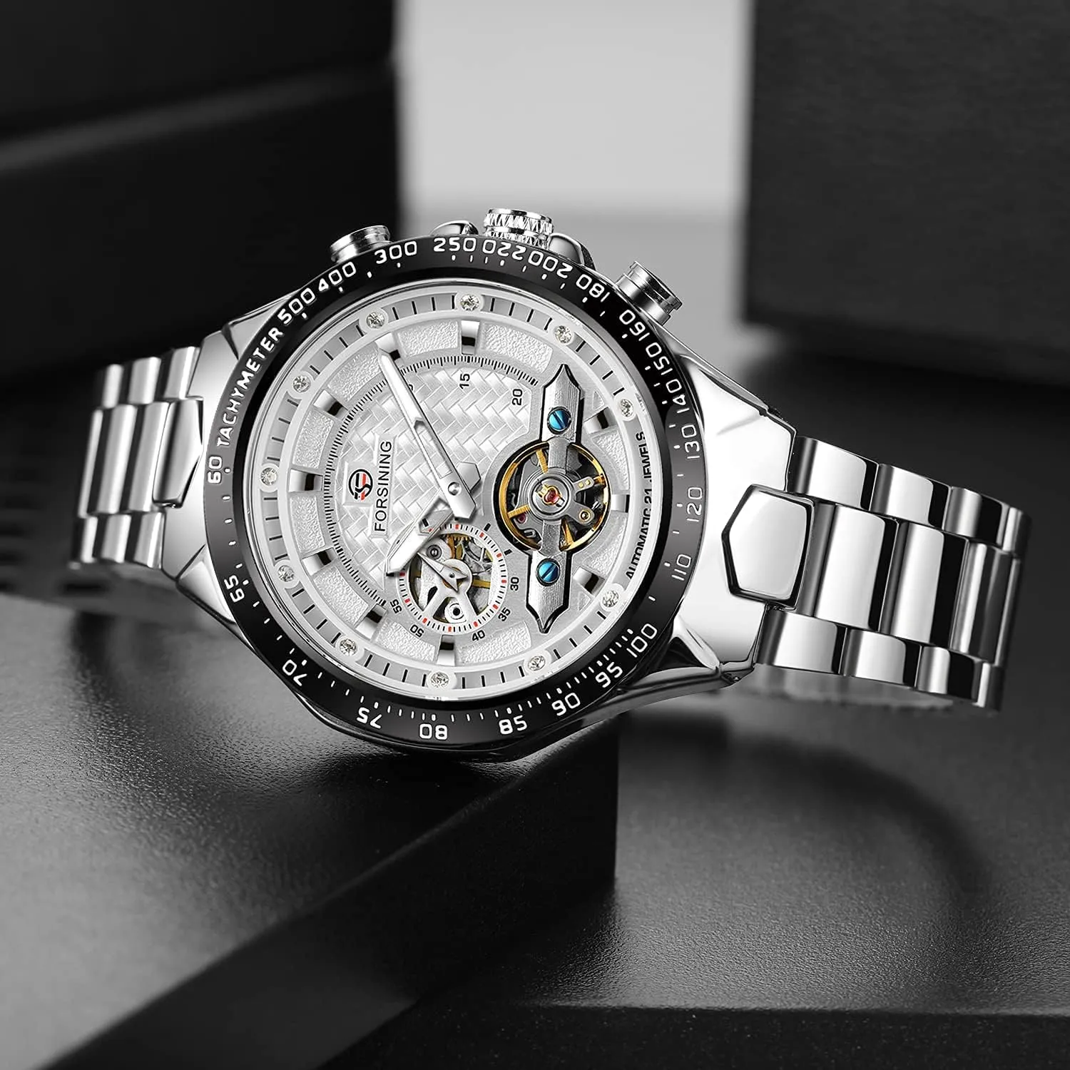 FORSINING Mens Tourbillon Self-Wind Mechanical Independent Seconds Dial Automatic Luxury Stainless Steel Large Dial Wrist Watch
