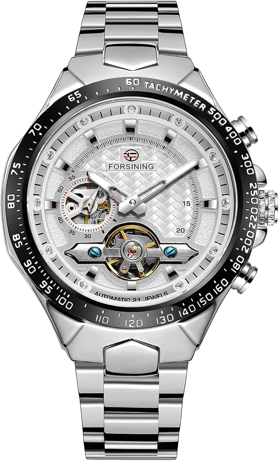 FORSINING Mens Tourbillon Self-Wind Mechanical Independent Seconds Dial Automatic Luxury Stainless Steel Large Dial Wrist Watch
