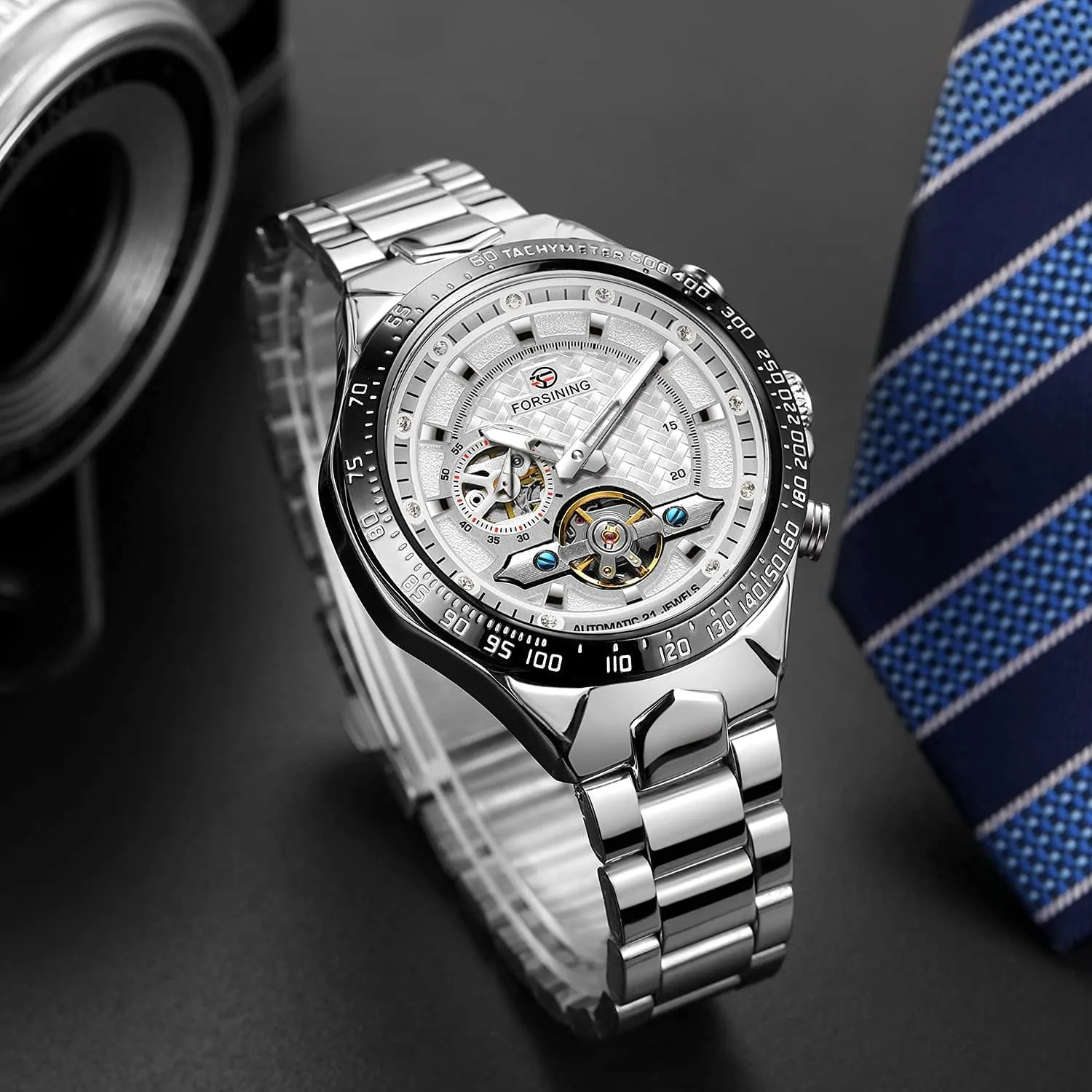 FORSINING Mens Tourbillon Self-Wind Mechanical Independent Seconds Dial Automatic Luxury Stainless Steel Large Dial Wrist Watch