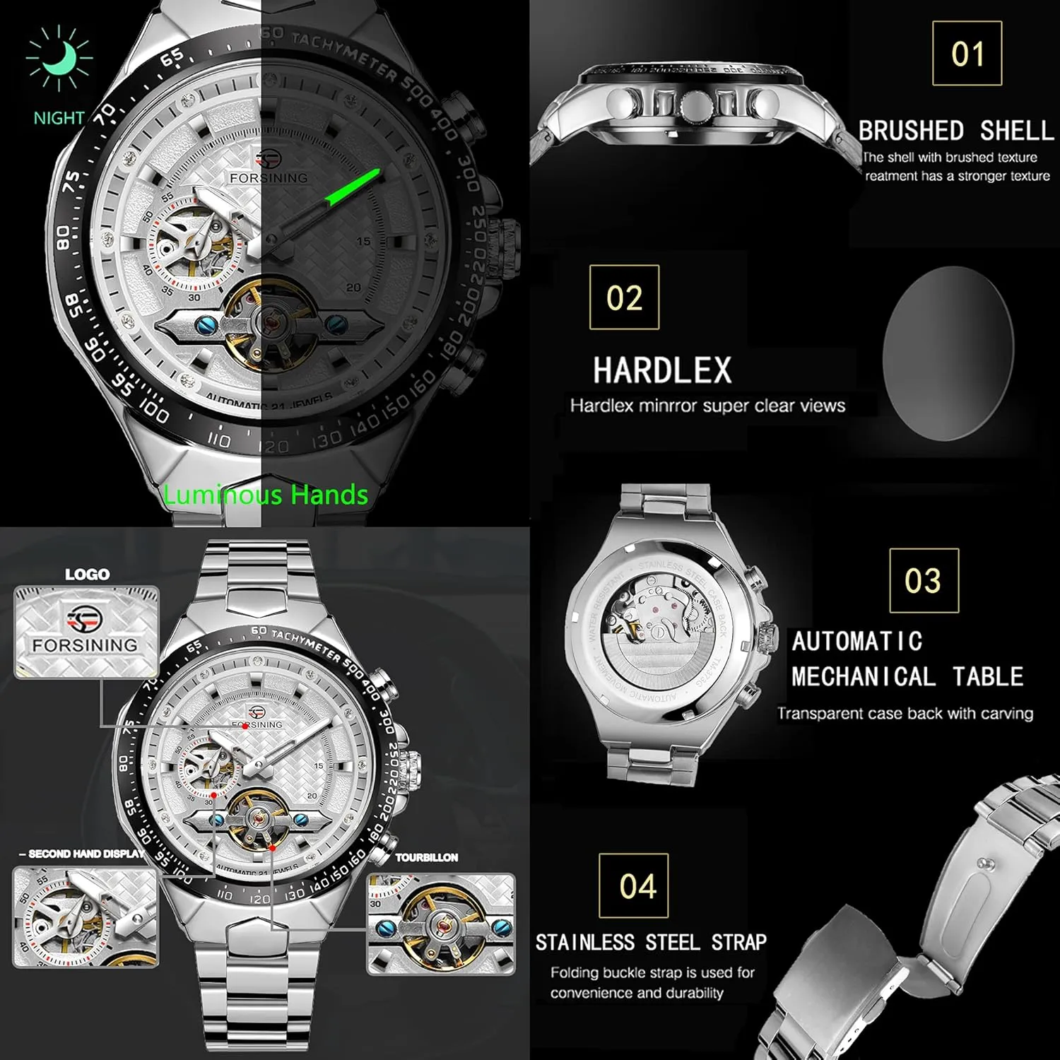FORSINING Mens Tourbillon Self-Wind Mechanical Independent Seconds Dial Automatic Luxury Stainless Steel Large Dial Wrist Watch