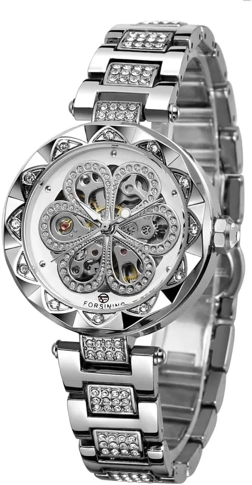 FORSINING Women Automatic Mechanical Watches Skeleton Steampunk Watch with Diamond and Carving Flower Craft Cold Watch for Women Minimalist Retro Design Mechanical Skeleton Wrist Watch Transparent