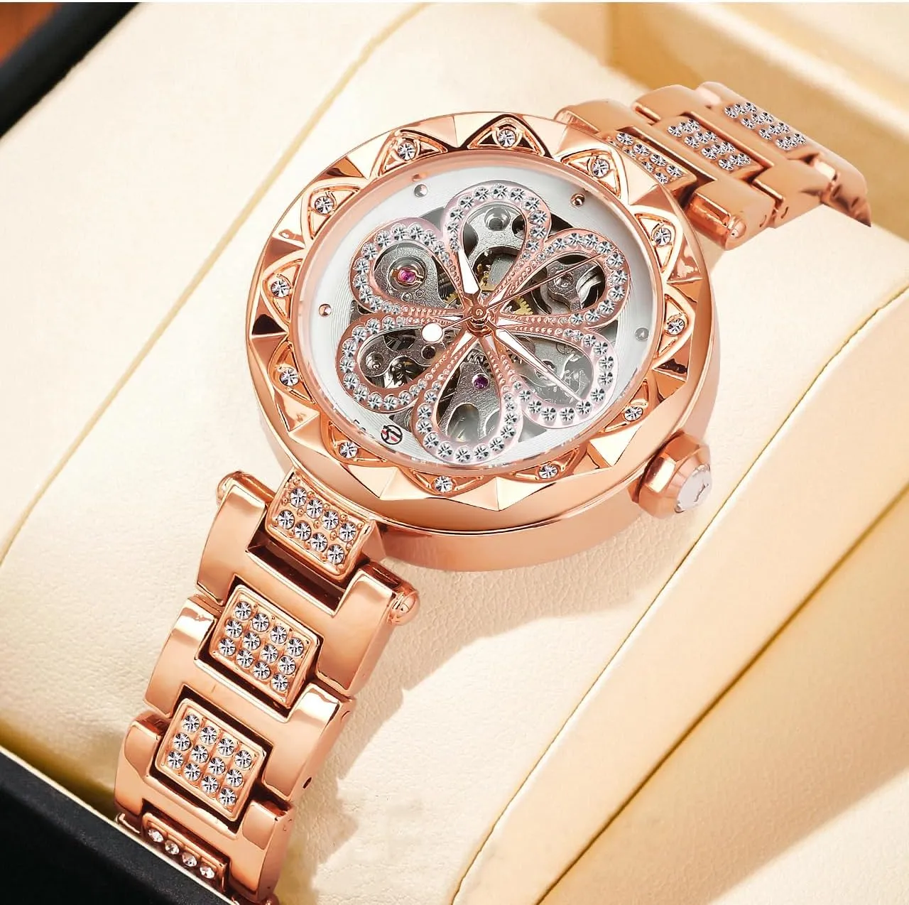 FORSINING Women Automatic Mechanical Watches Skeleton Steampunk Watch with Diamond and Carving Flower Craft Cold Watch for Women Minimalist Retro Design Mechanical Skeleton Wrist Watch Transparent