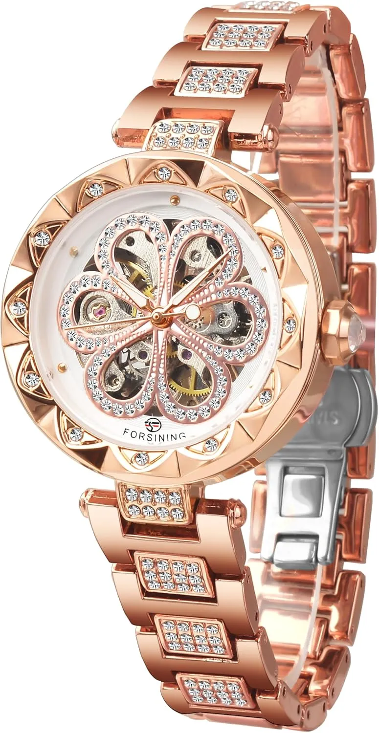 FORSINING Women Automatic Mechanical Watches Skeleton Steampunk Watch with Diamond and Carving Flower Craft Cold Watch for Women Minimalist Retro Design Mechanical Skeleton Wrist Watch Transparent