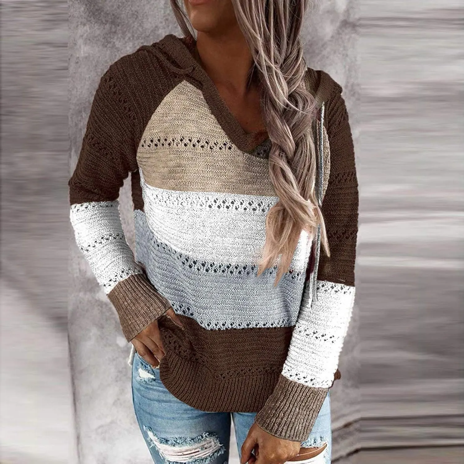 FQZWONG Spring Sweaters for Women 2025 Plus Size Long Sleeve Hoodies Casual Ladies Sweatshirts Fashion Knit Hooded Tops
