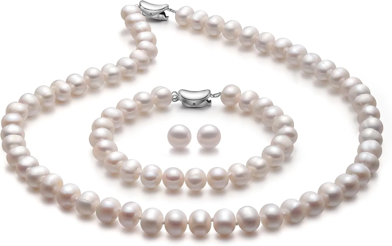 Freshwater Cultured Pearl Necklace and Earring Set Genuine Pearl Jewelry Set Includes Stunning Bracelet and Stud Earrings Real Pearl Necklace Set for Women Valentine's Day Mother's Day Birthday Presents