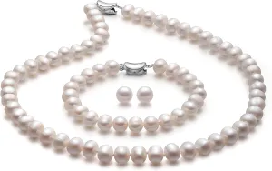 Freshwater Cultured Pearl Necklace and Earring Set Genuine Pearl Jewelry Set Includes Stunning Bracelet and Stud Earrings Real Pearl Necklace Set for Women Valentine's Day Mother's Day Birthday Presents