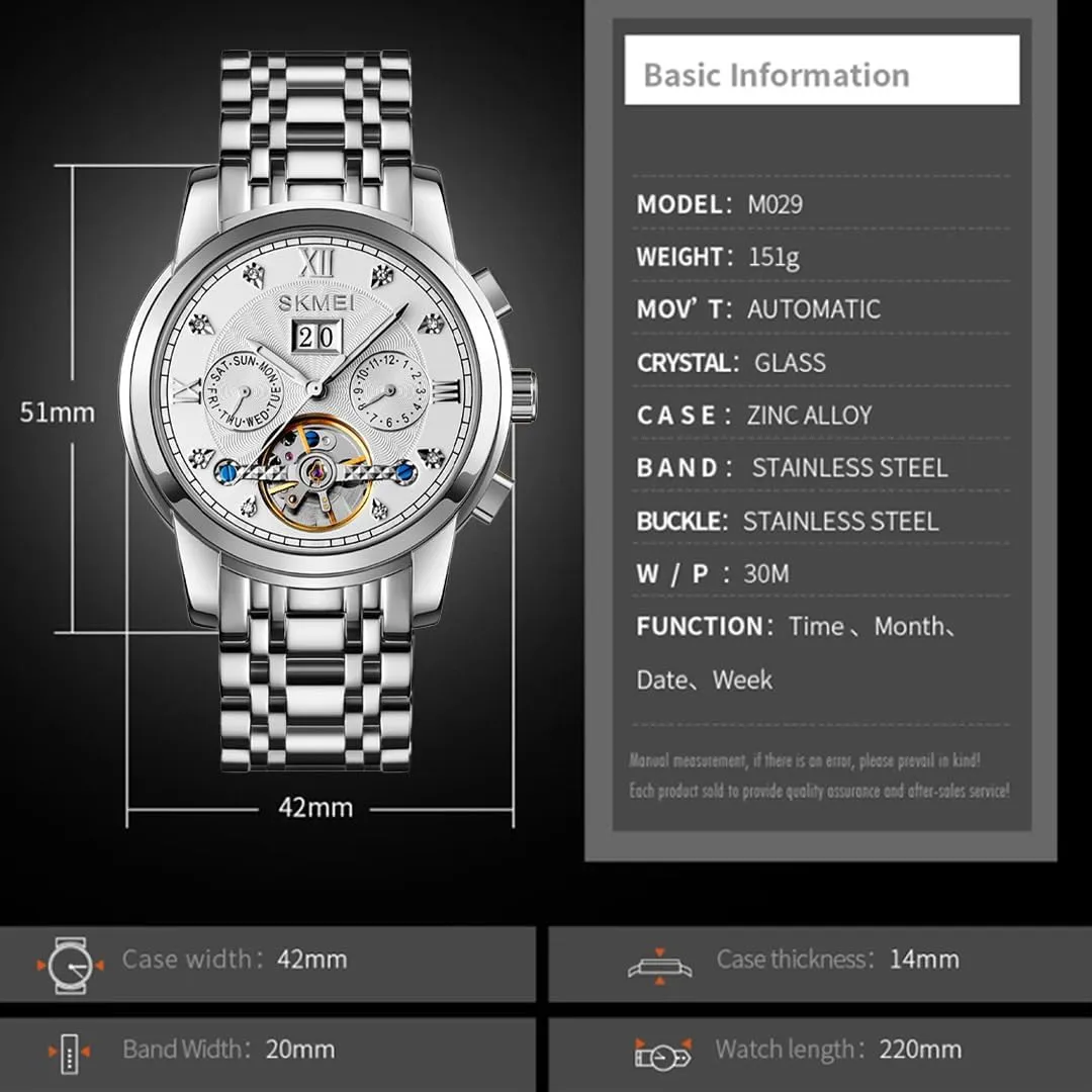 Fully Automatic Mechanical Watch with Tourbillon Hollow Movement, Multifunctional Display of Week, Calendar, Month, Men's Waterproof Luminous Mechanical Watch