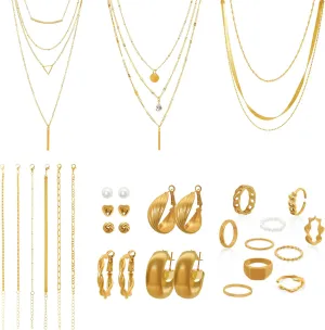 Fumwase Gold Jewelry Set for Women Girls Fashion Costume Jewelry Multi Layered Necklaces Stackable Bracelets Hoop Earrings Knuckle Rings for Valentine Anniversary Birthday Gift