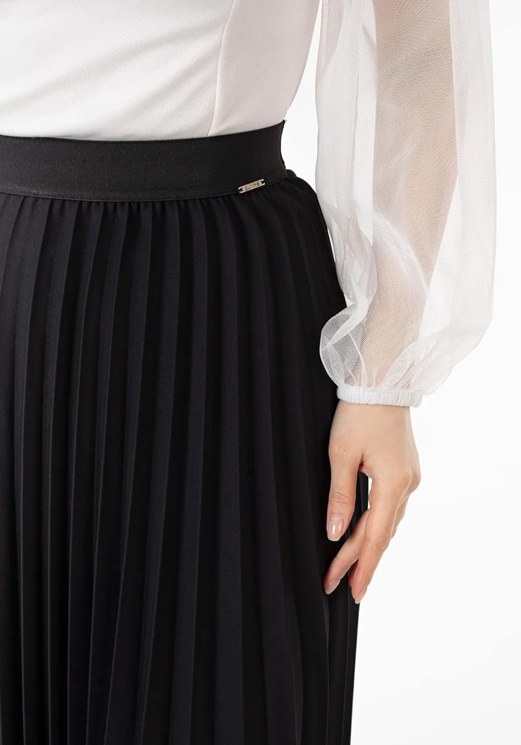 G-Line Women's Pleated Maxi Skirt - Modest Elastic High Waist A Line Swing Boho Ruffle Plisse Long Skirt for Casual or Office
