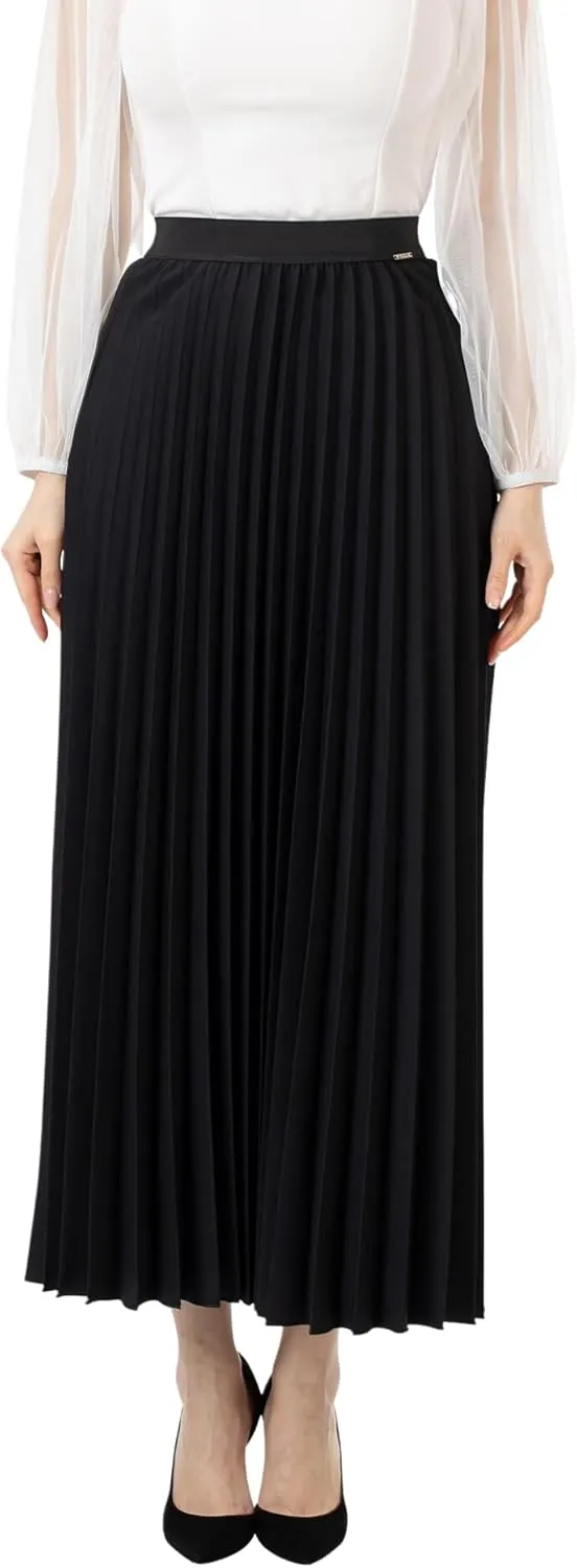 G-Line Women's Pleated Maxi Skirt - Modest Elastic High Waist A Line Swing Boho Ruffle Plisse Long Skirt for Casual or Office