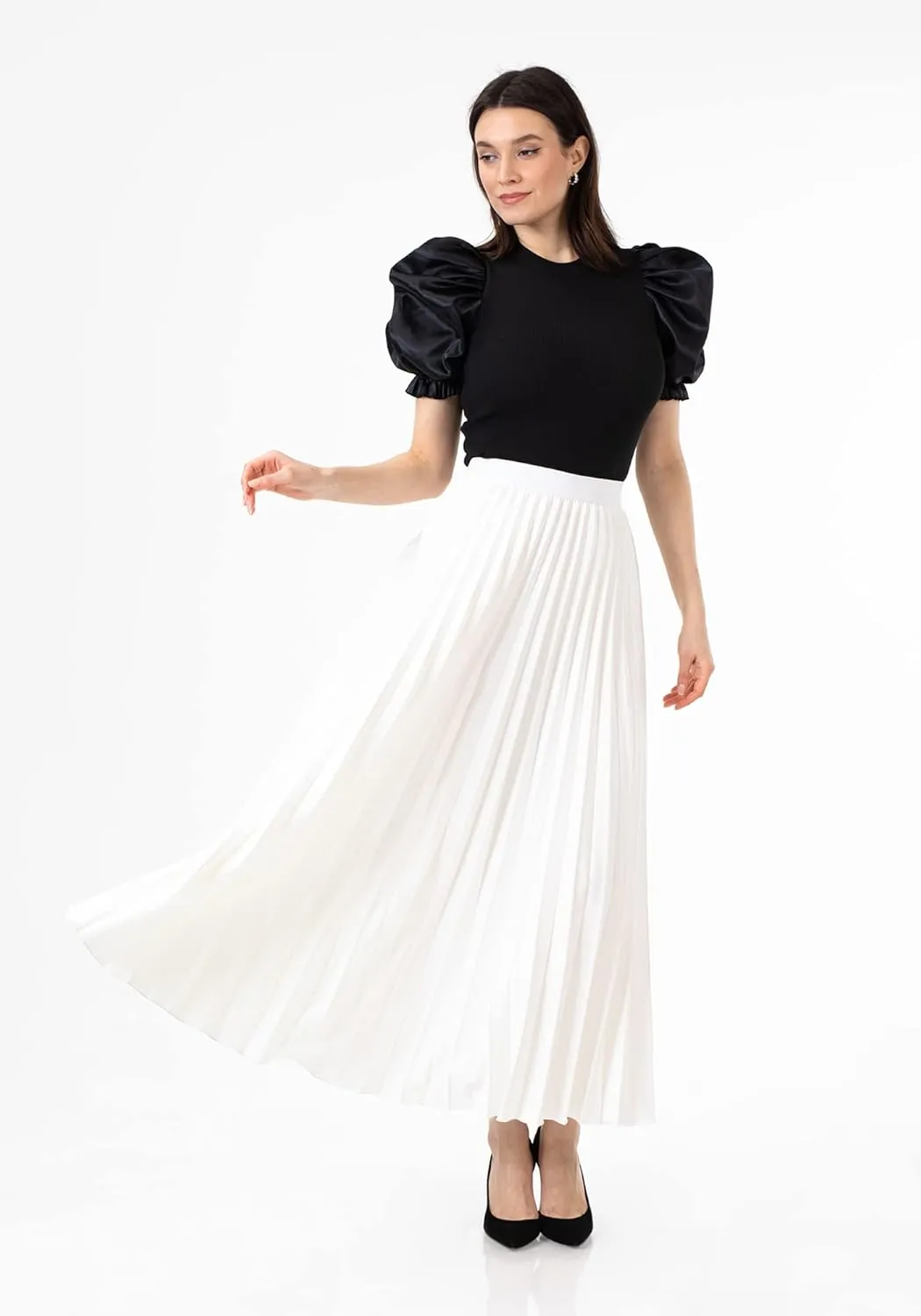 G-Line Women's Pleated Maxi Skirt - Modest Elastic High Waist A Line Swing Boho Ruffle Plisse Long Skirt for Casual or Office