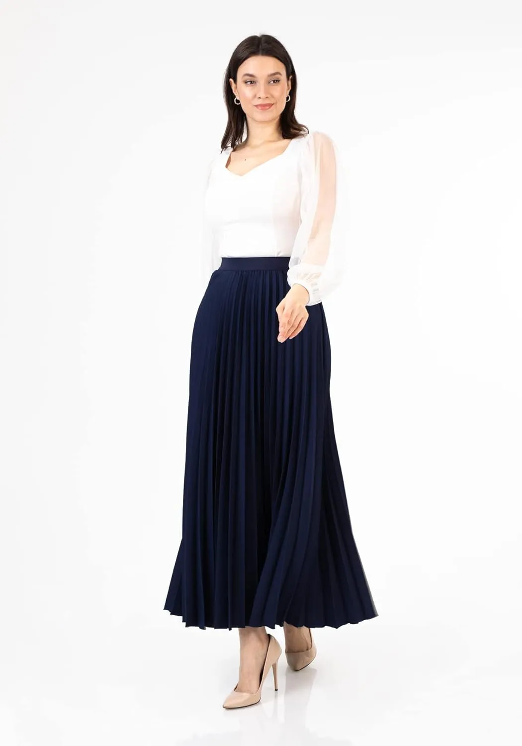 G-Line Women's Pleated Maxi Skirt - Modest Elastic High Waist A Line Swing Boho Ruffle Plisse Long Skirt for Casual or Office