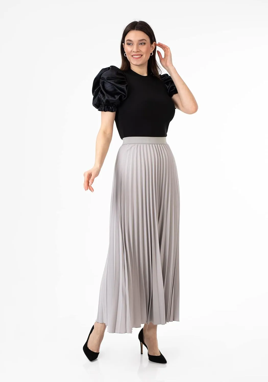 G-Line Women's Pleated Maxi Skirt - Modest Elastic High Waist A Line Swing Boho Ruffle Plisse Long Skirt for Casual or Office