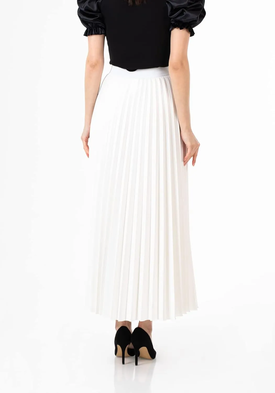 G-Line Women's Pleated Maxi Skirt - Modest Elastic High Waist A Line Swing Boho Ruffle Plisse Long Skirt for Casual or Office