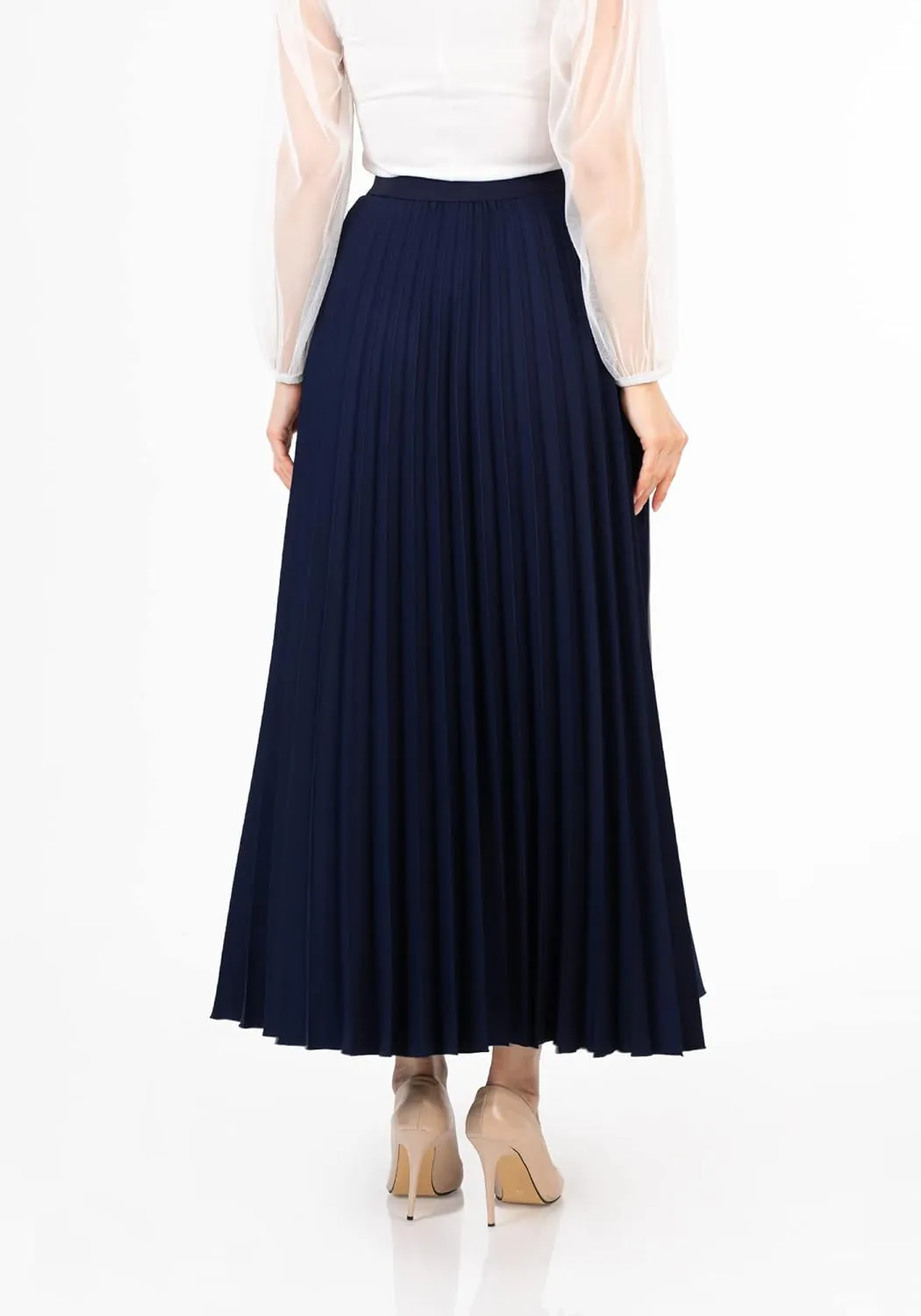 G-Line Women's Pleated Maxi Skirt - Modest Elastic High Waist A Line Swing Boho Ruffle Plisse Long Skirt for Casual or Office