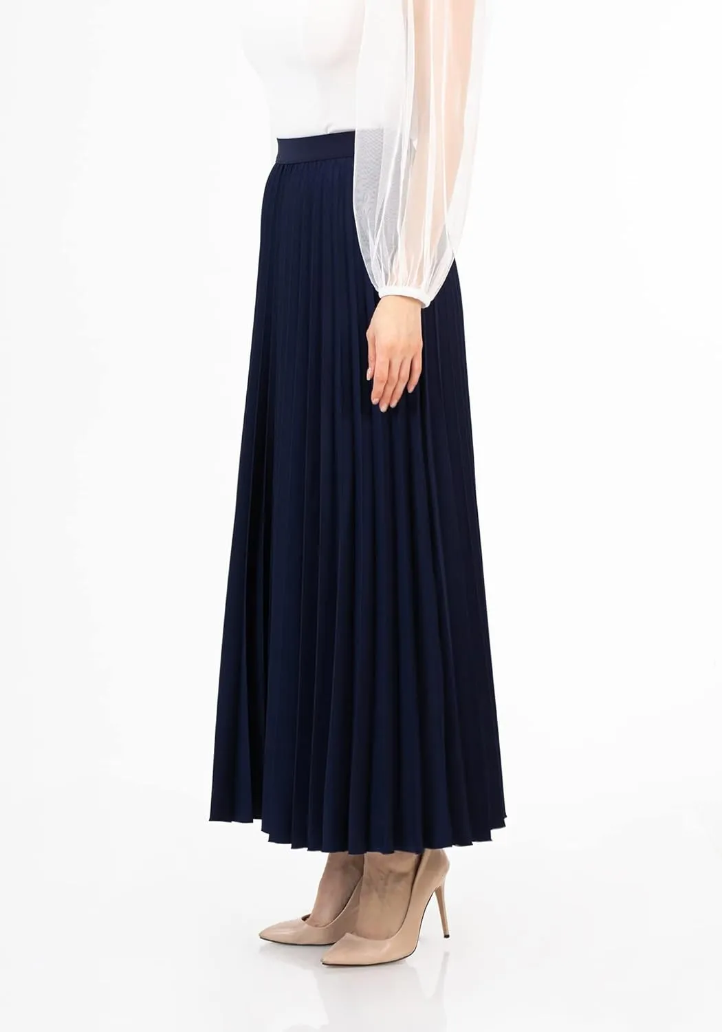 G-Line Women's Pleated Maxi Skirt - Modest Elastic High Waist A Line Swing Boho Ruffle Plisse Long Skirt for Casual or Office