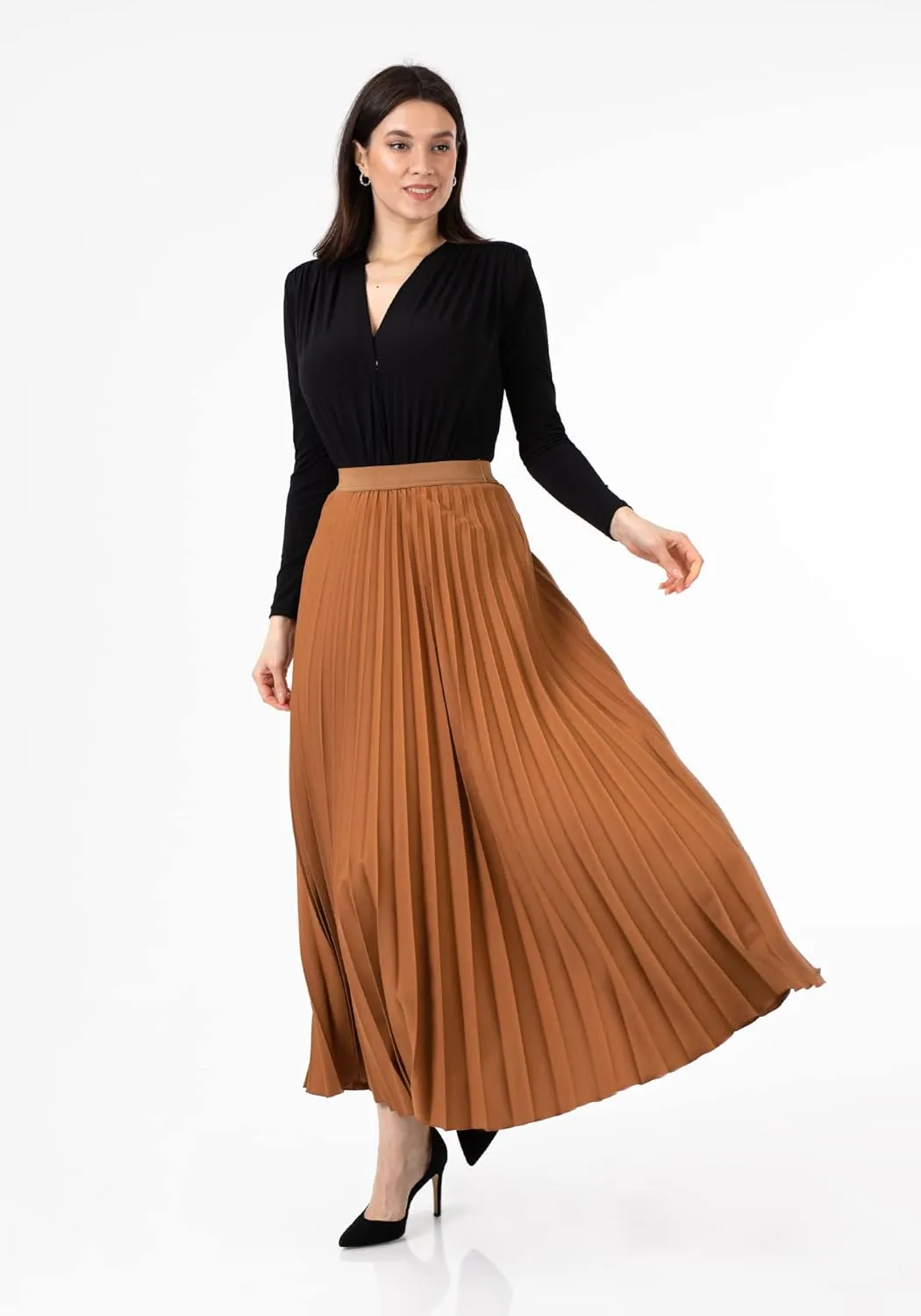 G-Line Women's Pleated Maxi Skirt - Modest Elastic High Waist A Line Swing Boho Ruffle Plisse Long Skirt for Casual or Office