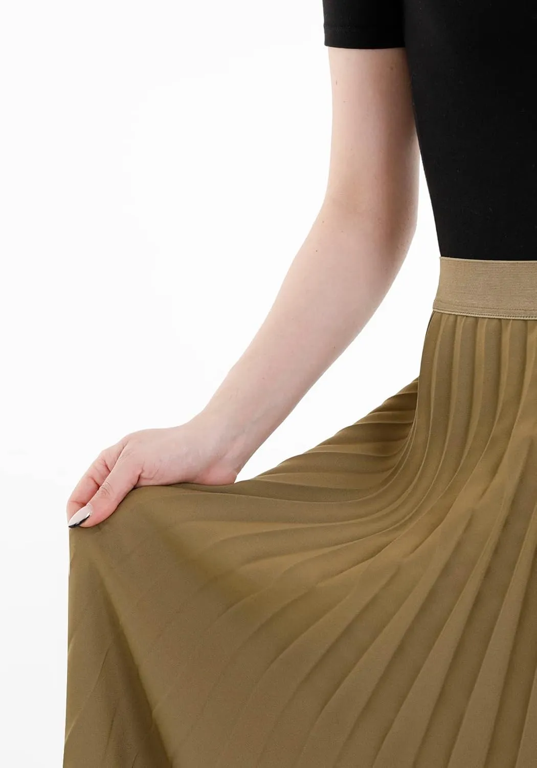 G-Line Women's Pleated Maxi Skirt - Modest Elastic High Waist A Line Swing Boho Ruffle Plisse Long Skirt for Casual or Office