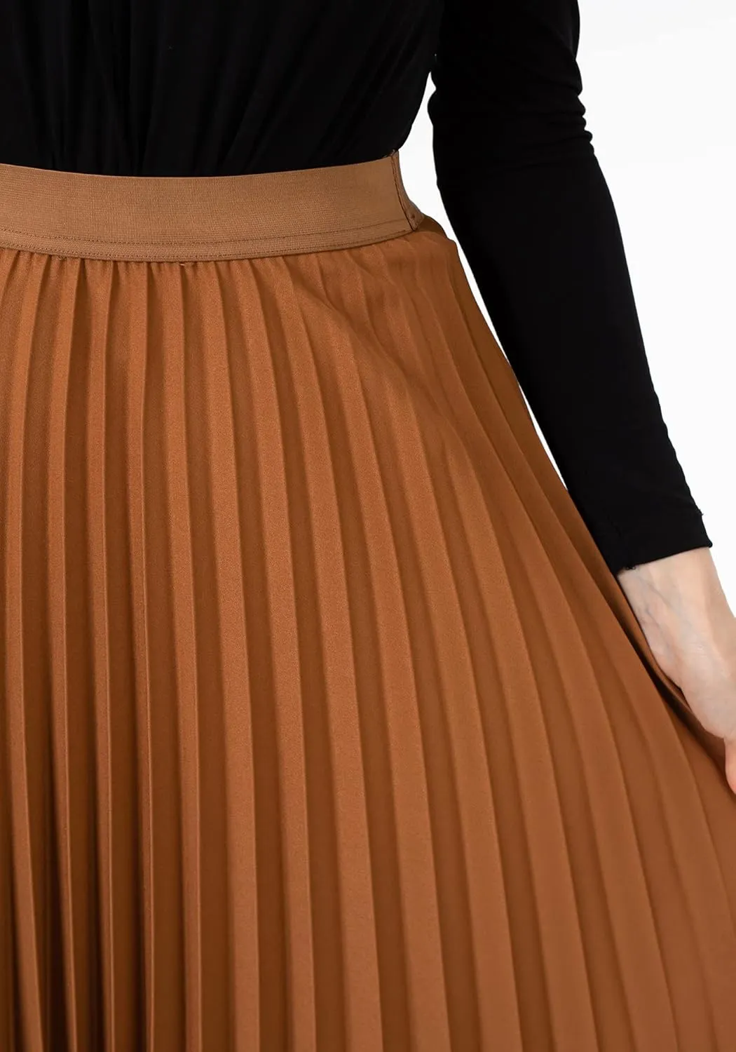 G-Line Women's Pleated Maxi Skirt - Modest Elastic High Waist A Line Swing Boho Ruffle Plisse Long Skirt for Casual or Office