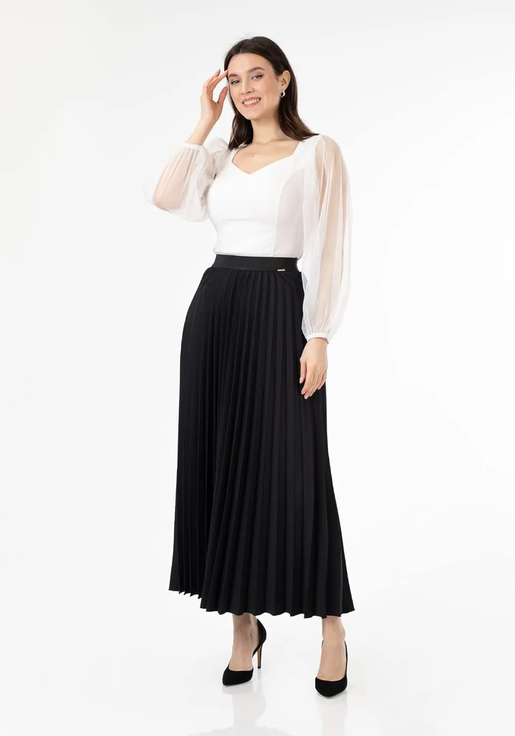G-Line Women's Pleated Maxi Skirt - Modest Elastic High Waist A Line Swing Boho Ruffle Plisse Long Skirt for Casual or Office