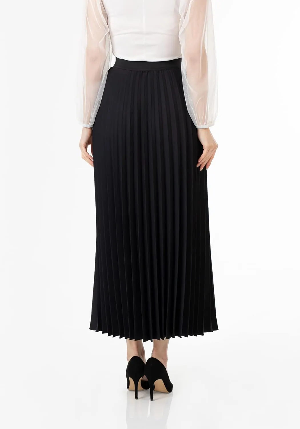 G-Line Women's Pleated Maxi Skirt - Modest Elastic High Waist A Line Swing Boho Ruffle Plisse Long Skirt for Casual or Office