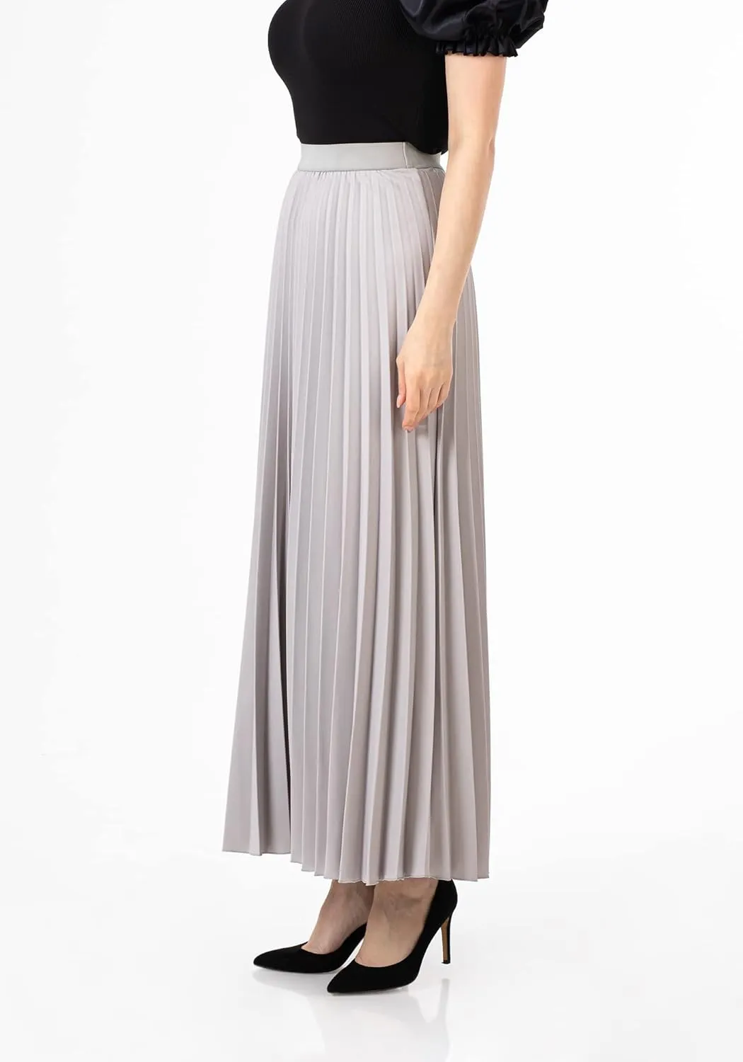 G-Line Women's Pleated Maxi Skirt - Modest Elastic High Waist A Line Swing Boho Ruffle Plisse Long Skirt for Casual or Office