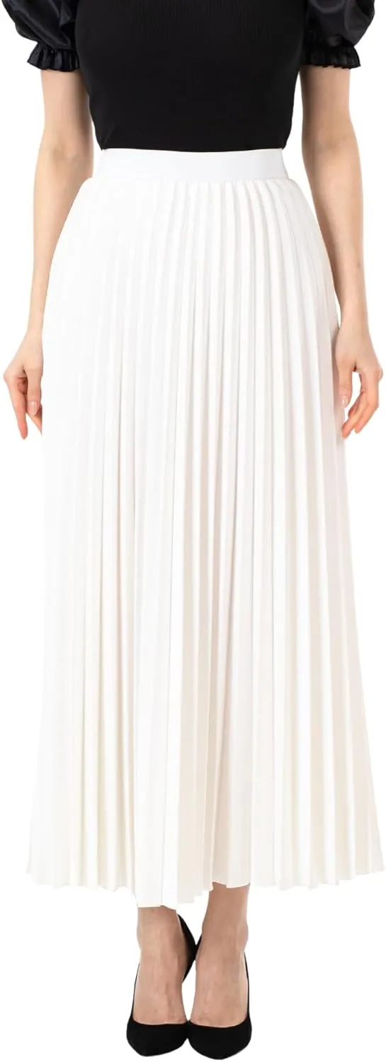 G-Line Women's Pleated Maxi Skirt - Modest Elastic High Waist A Line Swing Boho Ruffle Plisse Long Skirt for Casual or Office