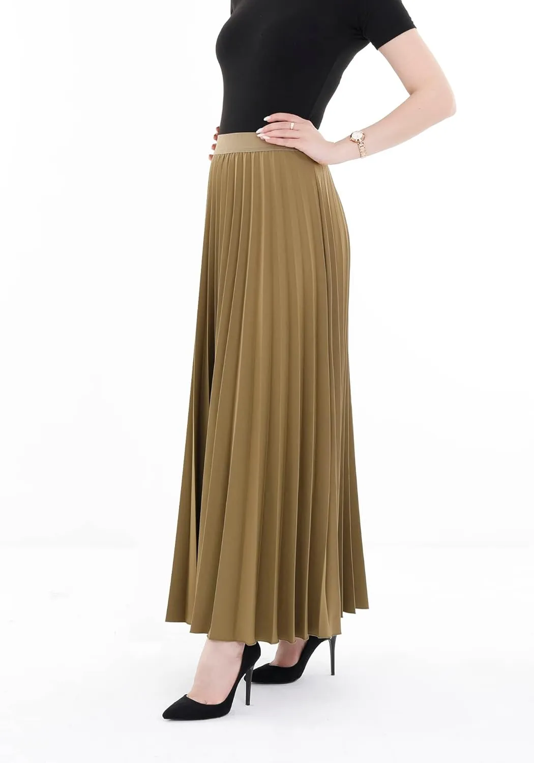 G-Line Women's Pleated Maxi Skirt - Modest Elastic High Waist A Line Swing Boho Ruffle Plisse Long Skirt for Casual or Office