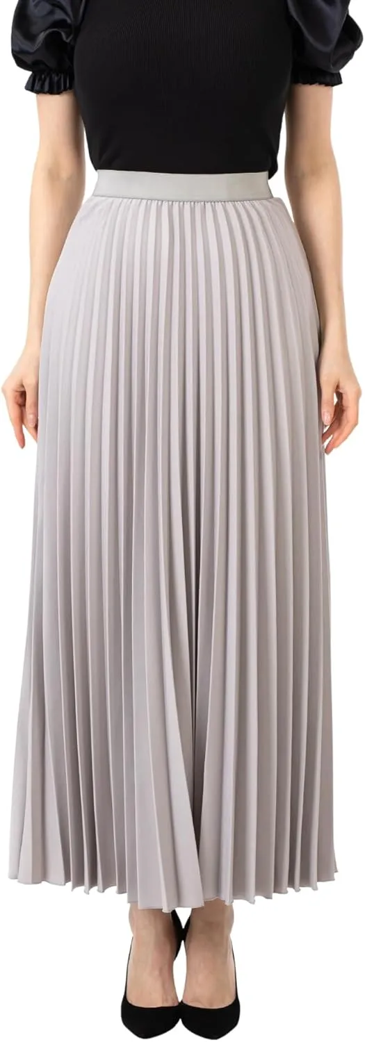 G-Line Women's Pleated Maxi Skirt - Modest Elastic High Waist A Line Swing Boho Ruffle Plisse Long Skirt for Casual or Office