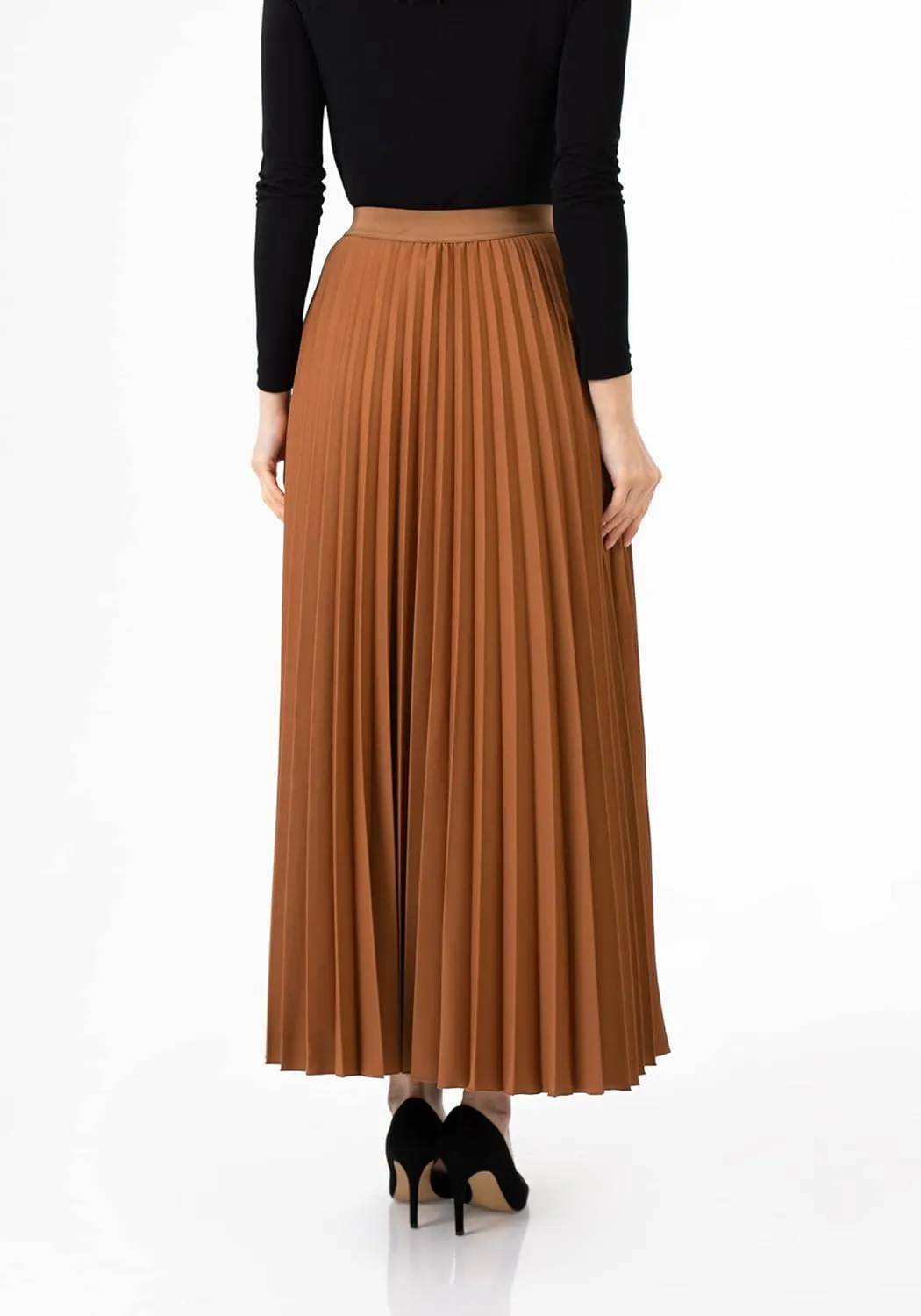 G-Line Women's Pleated Maxi Skirt - Modest Elastic High Waist A Line Swing Boho Ruffle Plisse Long Skirt for Casual or Office
