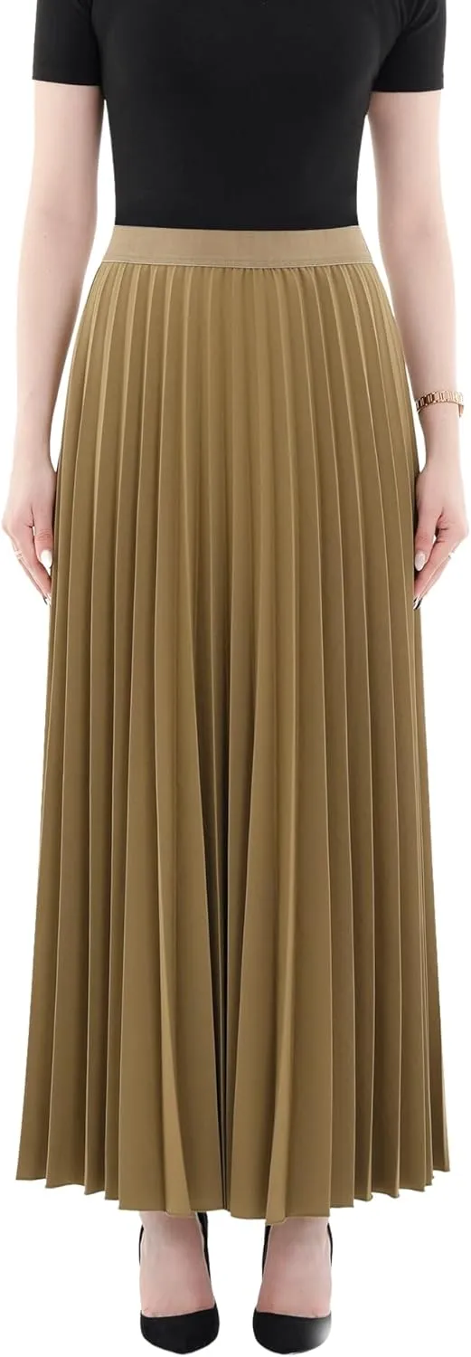 G-Line Women's Pleated Maxi Skirt - Modest Elastic High Waist A Line Swing Boho Ruffle Plisse Long Skirt for Casual or Office