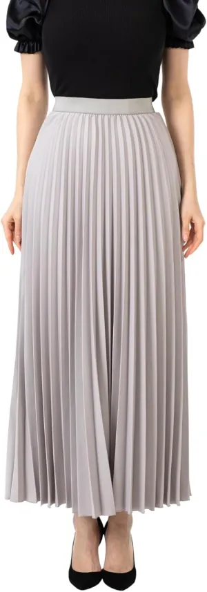 G-Line Women's Pleated Maxi Skirt - Modest Elastic High Waist A Line Swing Boho Ruffle Plisse Long Skirt for Casual or Office