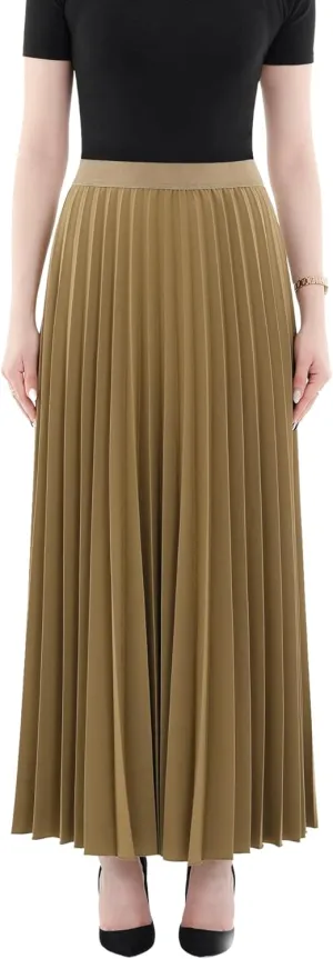 G-Line Women's Pleated Maxi Skirt - Modest Elastic High Waist A Line Swing Boho Ruffle Plisse Long Skirt for Casual or Office