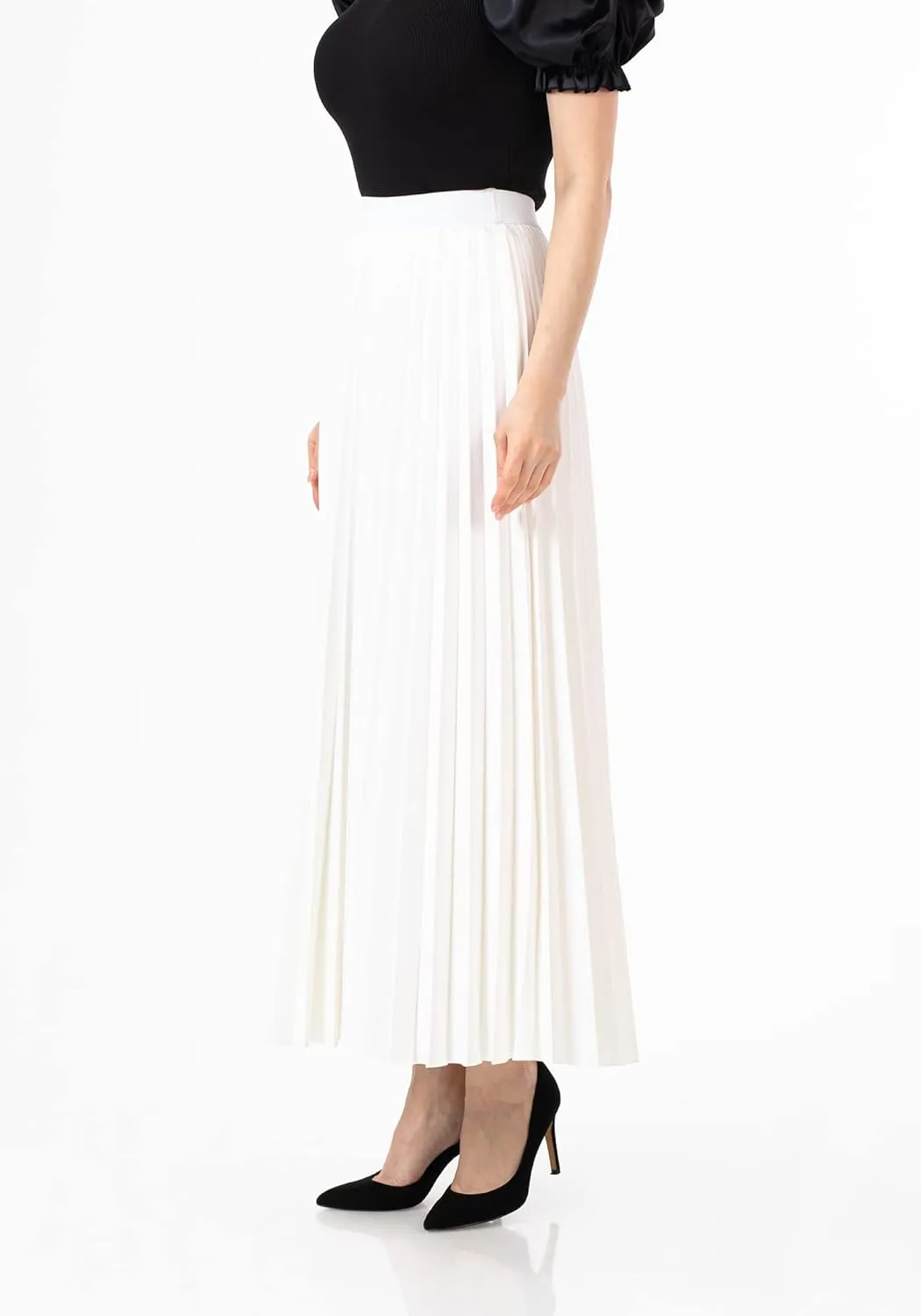 G-Line Women's Pleated Maxi Skirt - Modest Elastic High Waist A Line Swing Boho Ruffle Plisse Long Skirt for Casual or Office
