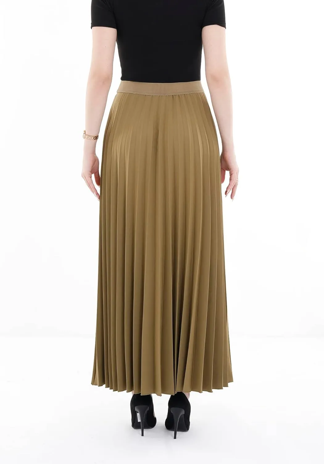 G-Line Women's Pleated Maxi Skirt - Modest Elastic High Waist A Line Swing Boho Ruffle Plisse Long Skirt for Casual or Office